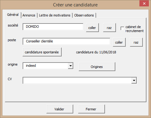 Saisie d'une candidature