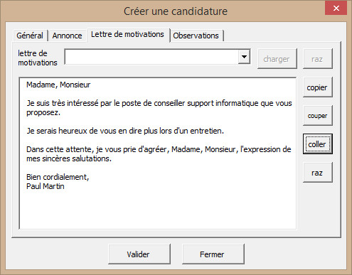 Saisie de la lettre de motivations