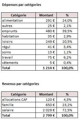 Tableaux des dépenses et des revenus